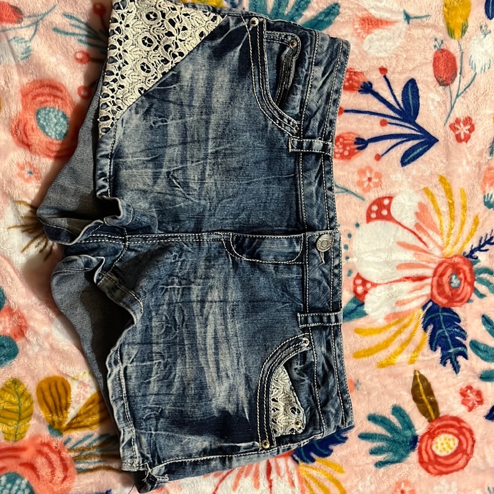 Almost famous washed denim jean shorts with lace